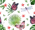 Watercolor floral seamless pattern. Pink monarch butterflies, dragonflies and palm leaves on white background. Tropical