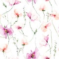 Watercolor floral seamless pattern. Pink, orange poppy, rose wild flowers, green small branches on white background. Royalty Free Stock Photo