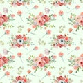 Watercolor floral seamless pattern of pink and red roses, wildflowers and eucalyptus branches Royalty Free Stock Photo