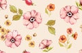 Watercolor floral seamless pattern. Pink rose flowers: rosehip fruits, briar, leaves, on beige background. Autumn Royalty Free Stock Photo