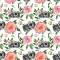Watercolor floral seamless pattern with pink roses, peony flowers and retro camera on white background. Romatic shabby chic print Royalty Free Stock Photo