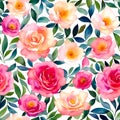 Watercolor Floral Seamless Pattern Pink and Soft Yellow Roses with Green Leaves on White Royalty Free Stock Photo