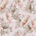 Watercolor floral seamless pattern with rose flowers and elegant bunny