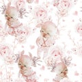 Watercolor floral seamless pattern with rose flowers and elegant bunny