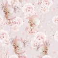 Watercolor floral seamless pattern with rose flowers and elegant bunny