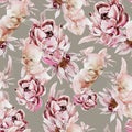 Watercolor floral seamless pattern with rose flowers and elegant bunny