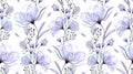 Watercolor floral seamless pattern. Transparent blue roses and leaves. Hand drawn illustration with big violet flowers Royalty Free Stock Photo