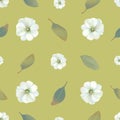 Watercolor floral seamless pattern with white flowers and leaves against green background. Summer blossom concept Royalty Free Stock Photo