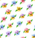 Watercolor floral seamless pattern, wildflowers, pansies, purple, blue, red and pink flowers. A bright summer botanical print.