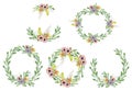 Watercolor floral set with wreaths hand drawn illustration. Tribal flowers, leaves and branch