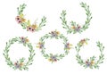 Watercolor floral set with wreaths hand drawn illustration. Tribal flowers, leave and branch