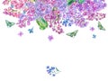 Watercolor floral spring card, blooming branch of lilac