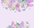 Watercolor floral spring card, blooming branch of lilac