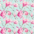 Watercolor Floral Spring Seamless Pattern with Magnolia Royalty Free Stock Photo