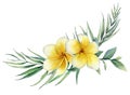 Watercolor floral tropical bouquet with plumeria and palm branch. Hand painted frangipani, eucalyptus isolated on white