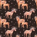 Watercolor floral unicorn, horse seamless pattern on white background. Animal fairy collection