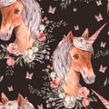 Watercolor floral unicorn seamless pattern on black background. Animal fairy collection