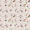 Watercolor floral vintage seamless pattern with feathers, flowers, branches watercolor illustration