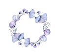 Watercolor floral wreath. Blue branches, flowers and leaves. Round design element. Transparent detailed foliage isolated