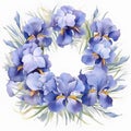 Watercolor floral wreath with blue iris flowers on white background