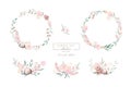 Watercolor floral wreath and bouquet frame illustration with cotton balls peach color, white, pink, vivid flowers, green Royalty Free Stock Photo