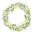 Watercolor floral wreath, delicate green leaves and branches. Cute minimal  greenery circle frame invitation. Royalty Free Stock Photo