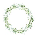 Watercolor floral wreath, delicate green leaves and branches. Cute minimal  greenery circle frame invitation. Royalty Free Stock Photo