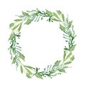 Watercolor floral wreath, delicate green leaves and branches. Cute minimal  greenery circle frame invitation. Royalty Free Stock Photo