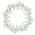 Watercolor floral wreath, delicate green leaves and branches. Cute minimal  greenery circle frame invitation. Royalty Free Stock Photo