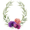 Watercolor floral wreath with eucalypts leaves, rose and anemones. Hand painted floral border with branches, leaves and flowers is