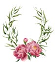 Watercolor floral wreath with eucalyptus leaves, peonies and leaves. Hand painted floral border with branches, leaves Royalty Free Stock Photo