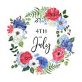 Watercolor floral wreath. hand painted red, white and blue anemone flowers arrangement. 4th of July card Royalty Free Stock Photo