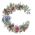 Watercolor floral wreath with hellebore flowers and rose. Hand painted snowberry, fir branch and leaves, berry