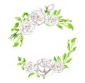 Watercolor floral wreath illustration. Hand painted bunch of white flowers and leaves. Round greenery border frame for Royalty Free Stock Photo