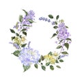 Watercolor floral wreath, isolated on white background. Spring flowers and greenery. Lilac, Lavender, hydrangea