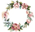 Watercolor floral wreath with magnolias, green leaves and branches. Royalty Free Stock Photo