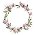 Watercolor floral wreath with magnolias, leaves and buds. Hand painted bouquet with flowers isolated on white background