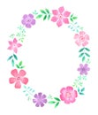 Watercolor floral wreath. Oval frame design with flowers and lea