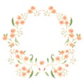 Watercolor floral wreath. Pastel hand-painted flowers create a circular shape frame.