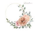 Watercolor floral wreath with pastel pink and nude flowers- poppy, rose, peony and eucalyptus foliage, isolated