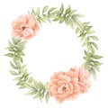 Watercolor Floral Wreath with peach pink Rose Flowers and green leaves. Circle frame for greeting cards or greeting Royalty Free Stock Photo