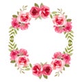 Watercolor floral wreath with pink flowers. Rose frame, hand painted illustration.