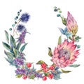 Watercolor floral wreath with protea