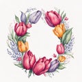 Watercolor floral wreath with purple, red and yellow tulip flowers