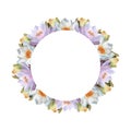 Watercolor floral wreath with purple waterlilies Circle frame for wedding invitations logos, Women day 2024 Round Border