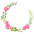 Watercolor Floral Wreath with Rose pink Flowers and green leaves. Hand drawn Round Frame for greeting cards or wedding Royalty Free Stock Photo