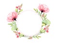 Watercolor floral wreath. Round arrangement of field flowers, poppy, leaves. Card template with place for text. Isolated Royalty Free Stock Photo