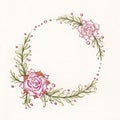 Watercolor floral wreath with succulents, green leaves and branches.