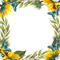 Watercolor floral wreath with sunflowers and butterflies , leaves, foliage, branches, fern leaves Royalty Free Stock Photo