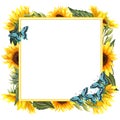 Watercolor floral wreath with sunflowers anf butterflies , leaves, foliage, branches, fern leaves and place for your text Royalty Free Stock Photo